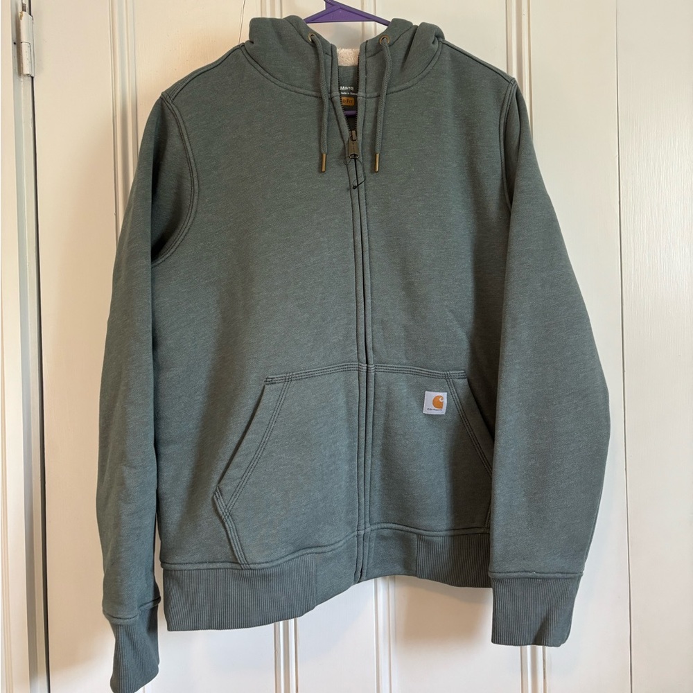 Carhartt Relaxed Fit Sherpa-Lined Zip Hoodie in Green and Cream